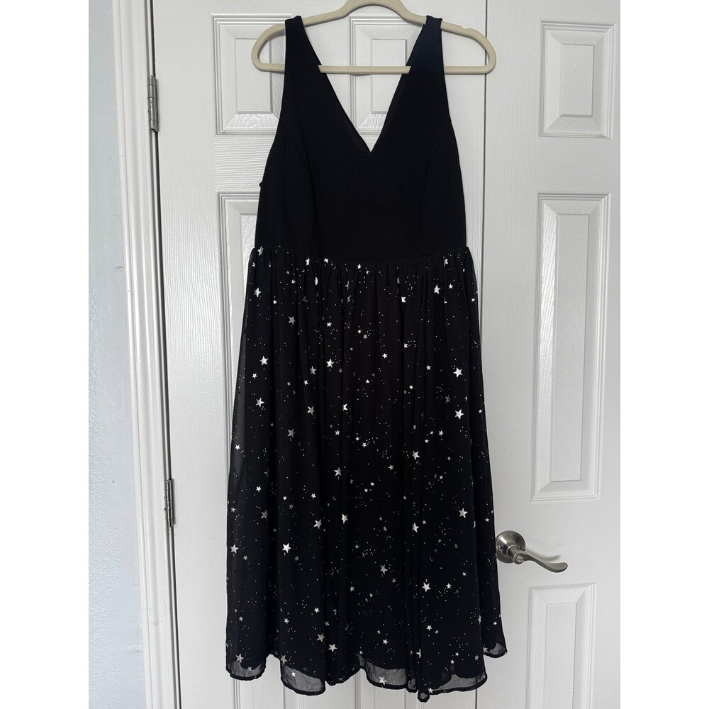 Black Star Print Midi Dress Celestial Goth Sleeveless Size 20
